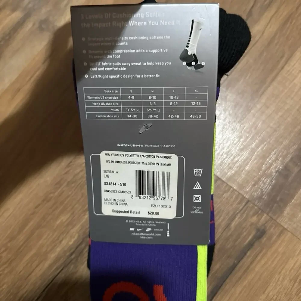 2013 Nike KD Hyper Elite Cushioned Basketball Dri-Fit Purple Green Crew Socks